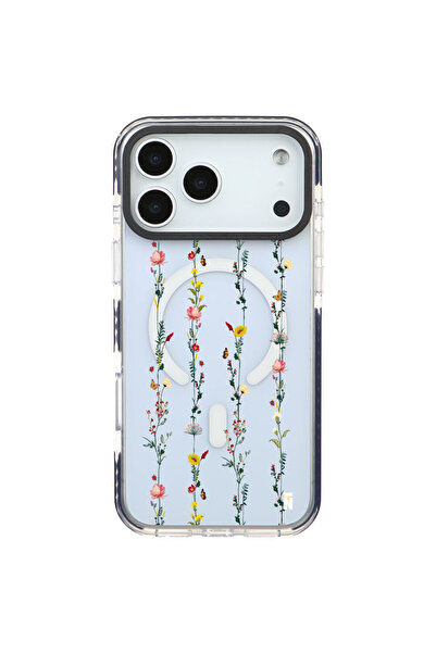 Casen iPhone 17 Pro Yanları Siyah Magsafe Arty Şeffaf Floral Stripes Tasarıml...