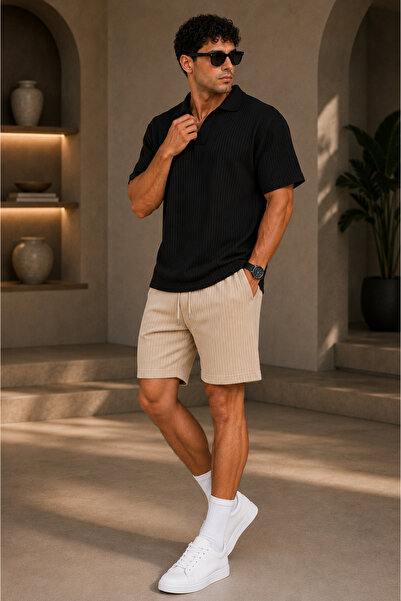 FECCY Premium Ribbed Ottoman Fabric Polo Collar Unisex T-Shirt and Shorts Set...