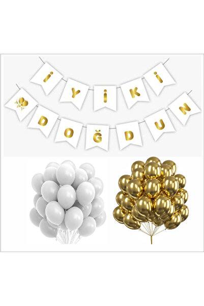 ZENVİVA White Gold Happy Birthday Banner+White and Gold Balloon