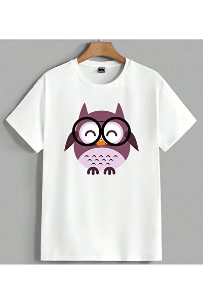 ELFERA Owl Purple Illustration Glasses Printed Unisex Oversize T-Shirt White