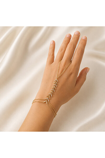 Yonida Jewelry 14K Gold Renk Kaplama Zirkon Detay Çift Zincirli V Tasarım Lux...