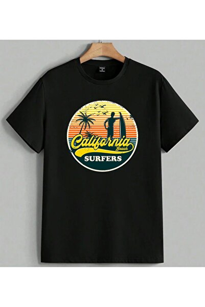 ELFERA California Beach Surfer Logoy Printed Unisex Oversize T-Shirt Black