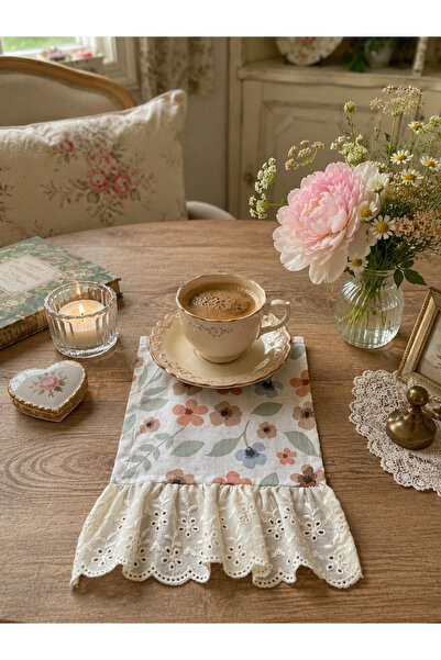 NURGİTA HOME Fırfırlı Fistolu Çiçekli Kahve Sunum Peçetesi & Vintage Bardak A...