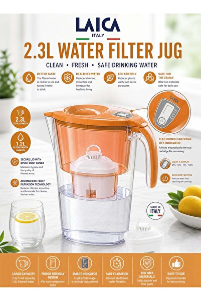 LAICA 2.3L Water Filter Jug Orange BPA Free Filter Pitcher with Bi Flux Cartr...