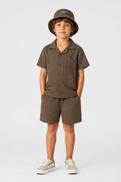 Fudo Kids Boy 3 Pieces Brand Logo Shirt And Shorts With Hat Set, Olive