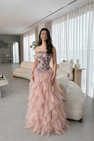 Calissa Store Luxury Embroidery Off-Shoulder Pink Fluffy Evening Dress
