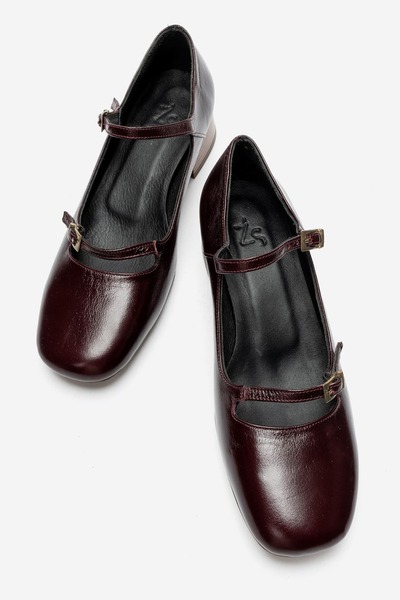 Zeynep Sıradağlı Ferfina Women's Genuine Leather Shoes Burgundy Thick Short Heeled Mary Jane