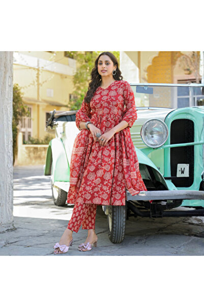 MYSMAR Pink Cotton Salwar Kameez & Dupatta Set - ALV2017 | Pink-Size:XL-42-In...