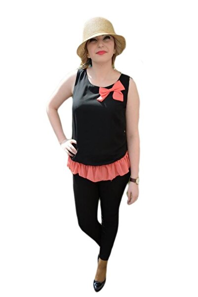 OEM Bluza de vara din voal, cu decolteu rotund, fundita, negru-corai