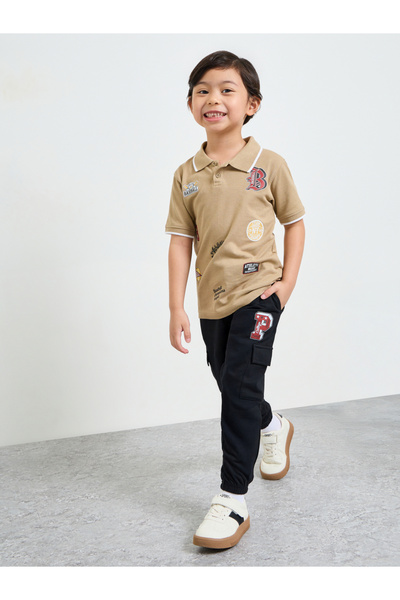 Styli Boys Beige Cotton Printed Polo T-Shirt and Black Joggers Set