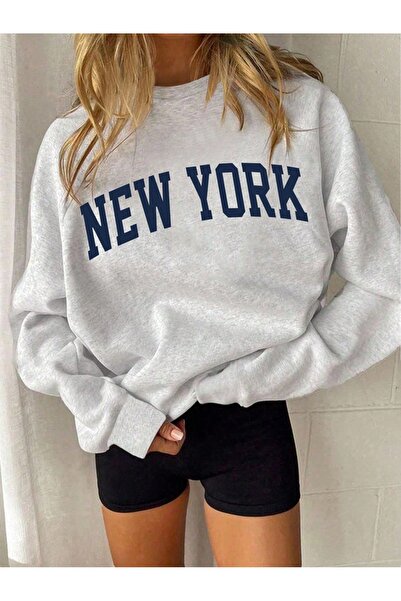 ZAVIXO New York Printed Gray Oversize Crew Neck Casual Sweatshirt