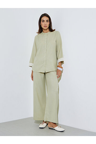 Amirah By Styli Green Mandarin Collar Shirt and Straight Pants Modest Set