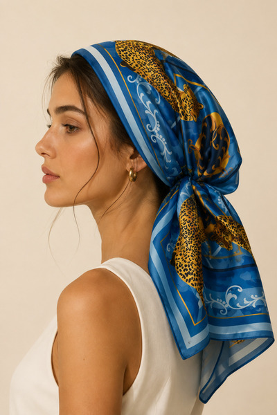Sehlen Kadın Leopar Madalyon Desenli Saten Fular Bandana 56x56 cm - Koyu Mint