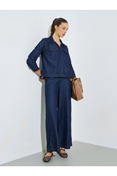 Styli Blue Cotton Denim Shirt and Wide Leg Trousers Co-Ord Set