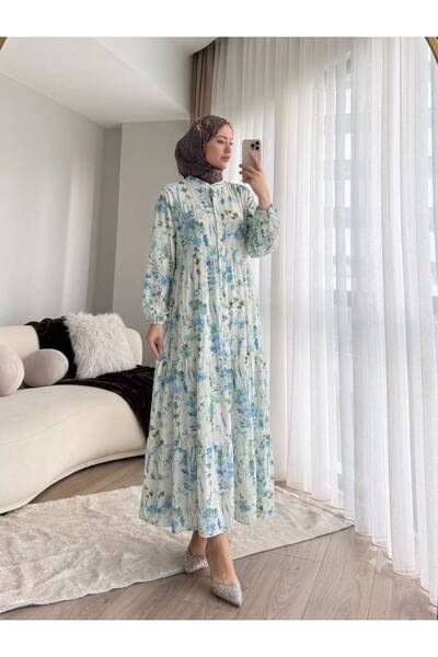 Moda Aydın Butik فستان نسائي صيفي طويل فضفاض بأزرار وطبعة زهور M7105 - أزرق فاتح