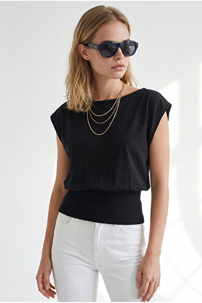 Olalook Women's Black Boat Neck Belted Seasonal Cotton-Blend Blouse Blz-19003388