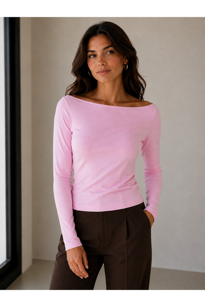 Sortie Women's Boat Neck Long Sleeve Fit Blouse Pink