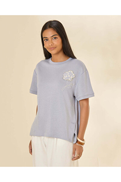 REDTAG Women Light Blue Short Sleeve Crew Neck T-Shirt