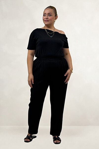 Eslina 69017 Plus Size Elastic Waist Wrinkled Trousers - Black