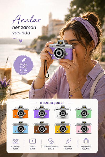 post alley Mini Retro Dijital Kamera 1080P HD Video Fotoğraf Makinesi 180° Dönen Selfie Ekranlı Type-C Şarjlı Retro Filtreli Taşınabilir Kamera