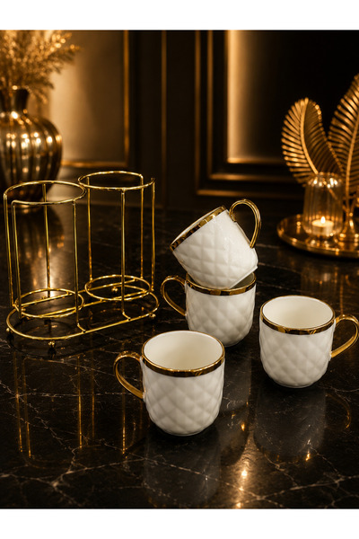 YzHome Porcelain Mug with Metal Stand for 4 People, Gilded, 220ml