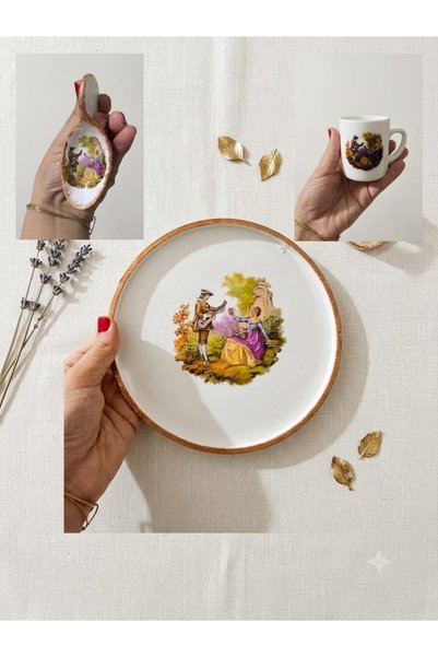 Dekor köşesi Hand-Painted Retro & Vintage Design Nostalgic Coffee Cup Set - Special Patterned Cup, Saucer, and Turkish Delight Bowl