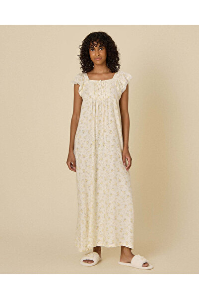 REDTAG Women Yellow Printed Short Sleeve Ruffle Nightgown