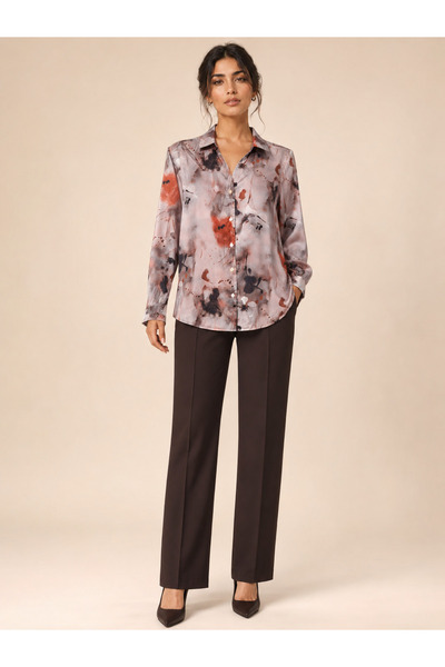TOP BERLANTY Luxurious Satin Blouse with Watercolor Print and Classic Design
