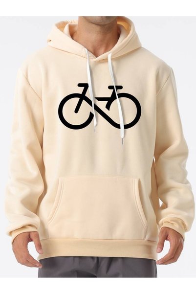 WESTİMO Men's Beige Linear Bicycle Printed 3 Thread Hooded Hoodie Sweatshirt