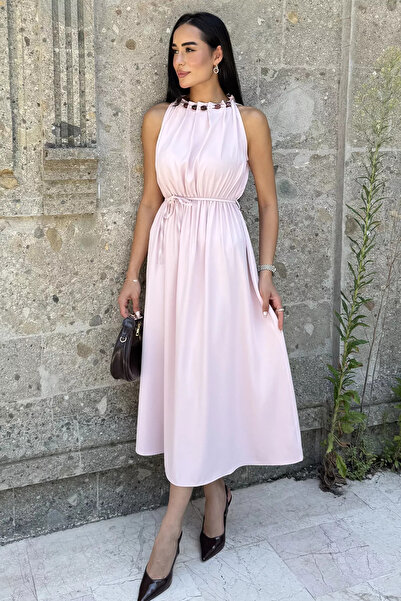Aryena Powder Women's Beaded Collar Elastic Waist Dress