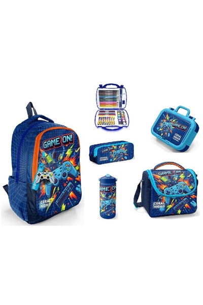 Coral High Game Desenli Çelik Termoslu Çelik Beslenme Kaplı İlkokul Çanta Set...