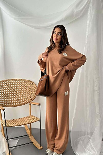 Clothes Fast طقم سترة وبنطلون نسائي من Camel، سترة واسعة الحجم ذات ياقة دائري...