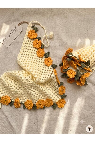 El Yapımı Bohem Anne Kız Kombin Bandana Seti - Ekru , Hardal Çiçekli