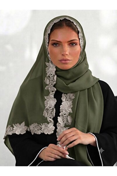 Veil Designer 'طرحة زيتي بوال طبقتين بتطريز علي ثلاث اطراف من الطرحة ورد ابيض...