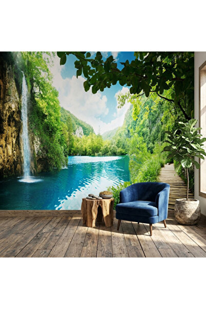 DecorDrive Yemyeşil Orman İçinde Saklı Şelale Manzaralı Duvar Kağıdı