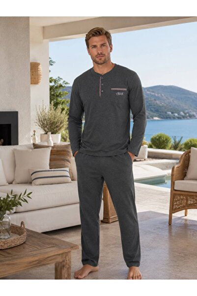 İpek Men's Long Sleeve Three Button Cotton Pajama Set