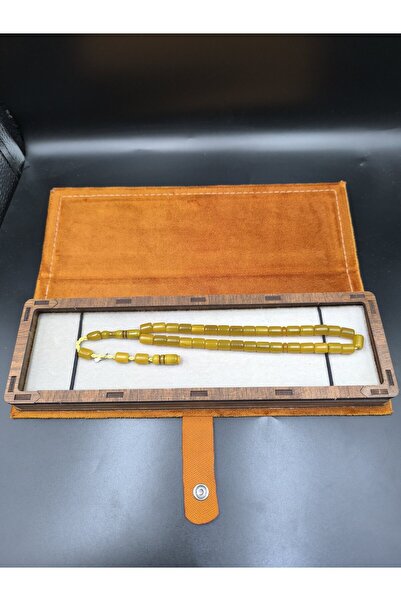 Onurlu Tesbihane Usta İmzalı Osmanlı Benzetme Sıkma Kehribar Tesbih (Muhammed Dabbas, Hardal Sarısı, 9x7 mm)
