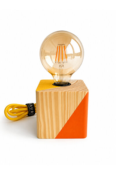 Kauri Studio Solid Wood Square Decorative Table Lamp (with Rustic Bulb Gift)