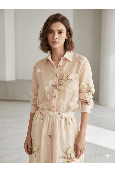 2TRENDY Women's Light Beige Floral Print Long Sleeve Blouse