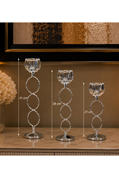 Hinora Home Kristal Halka Model 3Lü Şamdan Seti Salon Ofis Hediyelik 21-26-31cm