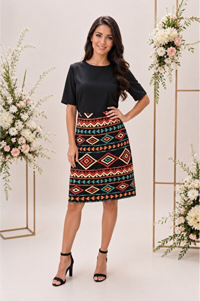 OEM Rochie de zi cu imprimeu traditional,culoarea neagra