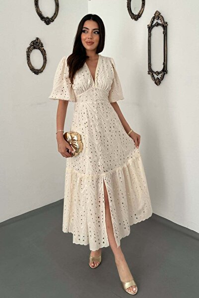 Clothes Fast Women's Ecru Ruched Detailed Lace Brode Dress