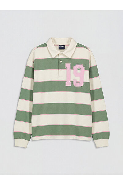 LC Waikiki Trendlucky Girls' Polo Collar Striped T-Shirt with a Difference