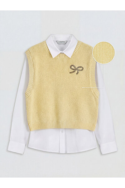 LC Waikiki Nevavm Girl's Bow Detailed Knitwear Sweater and Shirt with a Diffe...