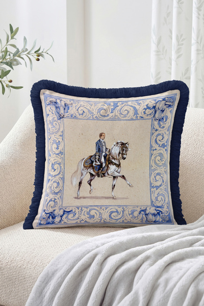 Realhomes Classic Tile Frame Patterned Fringed Throw Pillow Cover with Horse ...