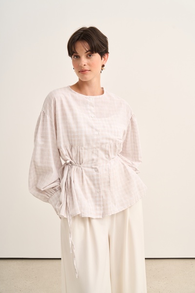 EBU Prive Women's Organic Cotton Drawstring Lace-Up Blouse Beige Plaid