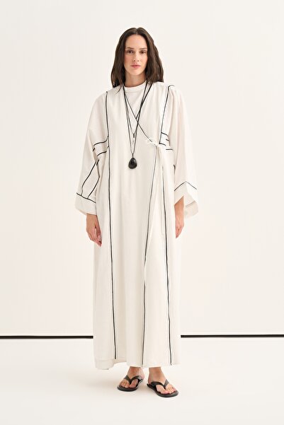 EBU Prive Women's Organic Cotton Abaya with Contrast Detail in Ecru