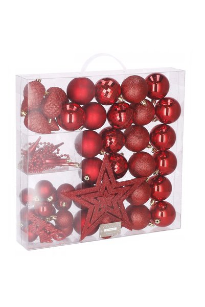 Danex Set globuri si decoratiuni de Craciun, 51 piese, diverse dimensiuni, rosu,