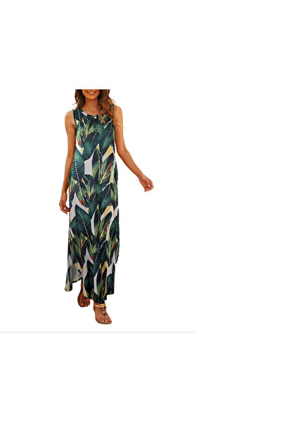 Hount Rochie maxi dama Hount, imprimeu floral si frunze, fara maneci, stil bo...