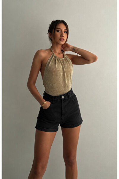 OTTO STORE Işıltılı Gold Halter Yaka Sırt Dekolteli Bluz